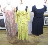 A Horrockses Fashions yellow cotton evening dress, the ruched bodice with black detail to the