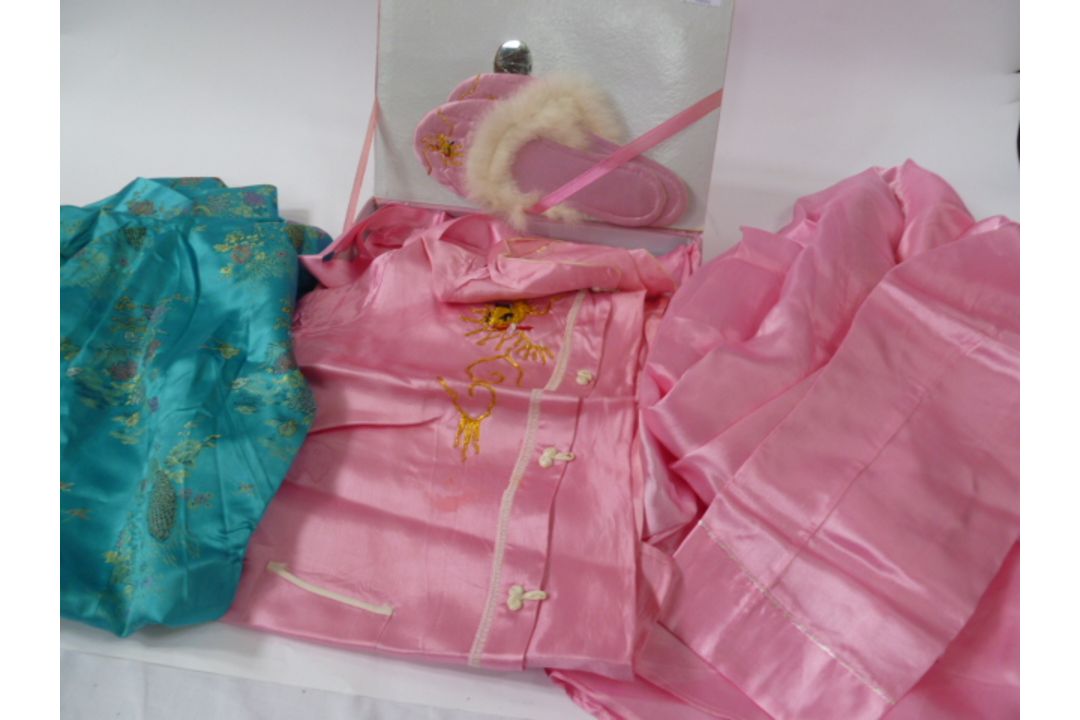 1960's pink satin pajama set, embroidered with gold thread and white lace detail, the dressing - Image 2 of 2