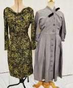 1940's grey dress, buttons all the way down the front, buttoned cuffs, black velvet detail to the