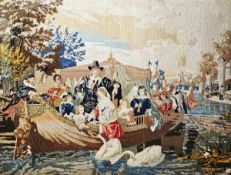Victorian needlepoint depicting a river boat scene with the occupants in Elizabethan dress,