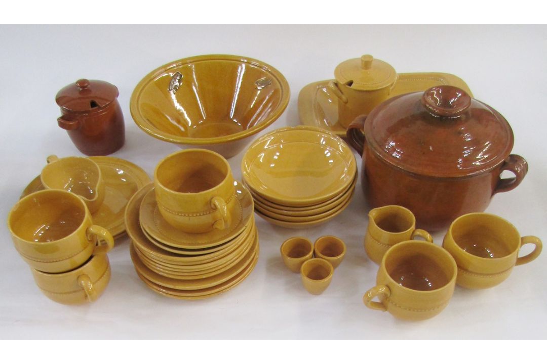 Hoganas Keramik, Sweden, 'Old-Hoganas' pattern part tea service with yellow glaze, together with a - Image 1 of 5