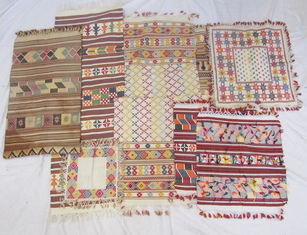 Various Moroccan/Afghan hand-loom embroidered pieces of fabric, to include mats, remnants, table - Image 7 of 12