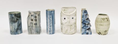 John Beusmans for Carn Pottery, a vase of cylindrical form with relief decoration of owl's face,