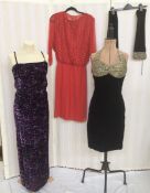Three 1980's dresses to include a red nylon/chiffon cocktail dress with blouson glitter