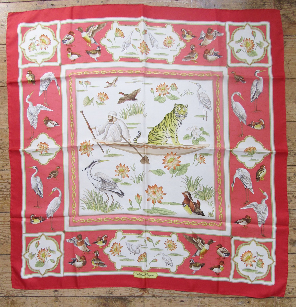 Salvatore Ferragamo - four various silk scarves and one original box, the scarves designed with - Image 4 of 12