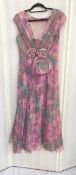 Various vintage evening dresses to include, pink, greys other colours printed chiffon evening