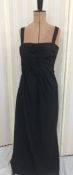 Late 1950's black crepe evening dress, the boned bodice has ruched detail, broad straps, labelled '