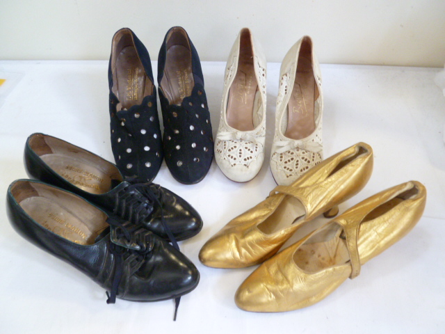 Four pairs of vintage shoes, to include a pair of gold, kid leather 1920's dancing shoes (the buckle