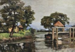 20th century school Oil on canvas River scene with dwellings, unsigned, 33cm x 46cm