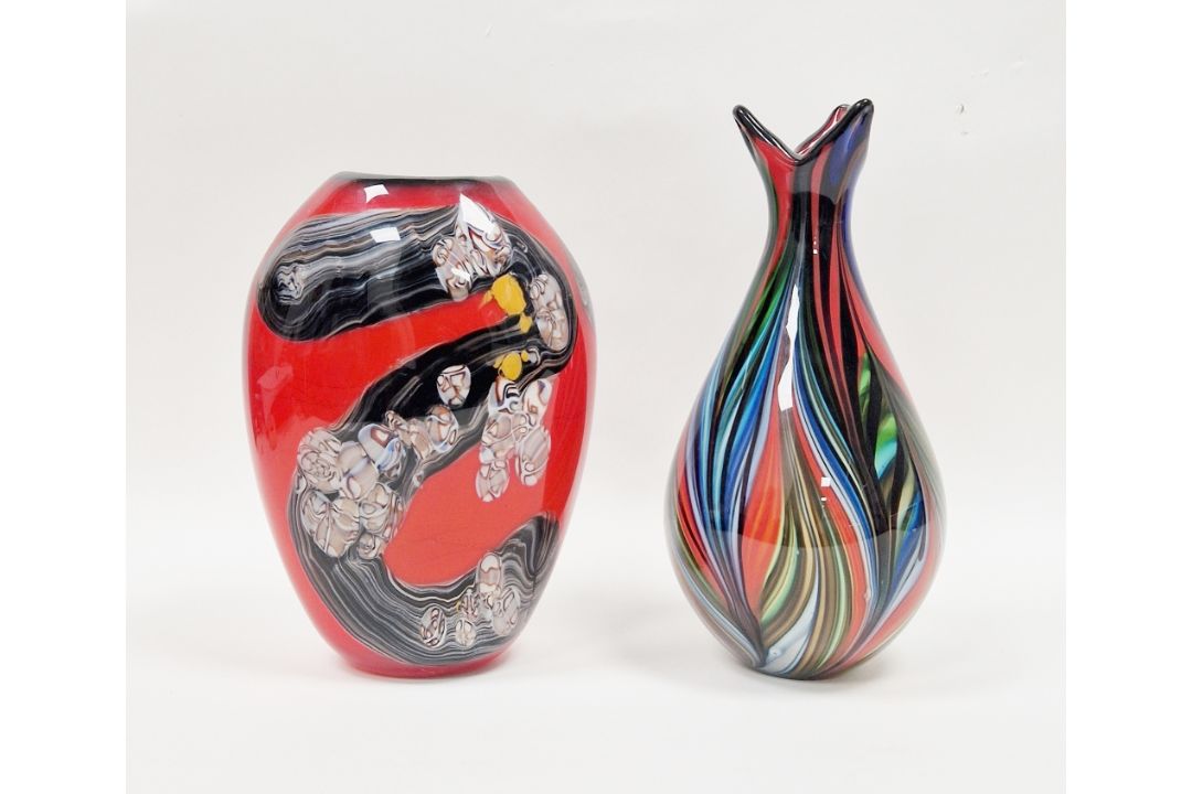 Large art glass vase of flattened ovoid form with multi-coloured swirls on red ground, possibly - Image 4 of 6