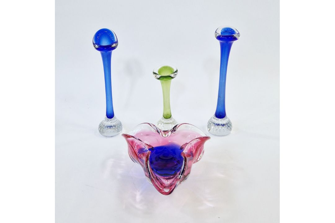 Josef Hospodka for Chribska, a cased glass bowl of organic tricorn form in red and blue colourway,