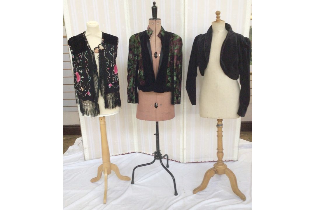 A black waistcoat made from a Chinese embroidered shawl, with fringe detail and a large covered - Image 1 of 4