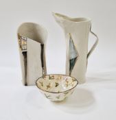 A studio porcelain slab built vase with applied geometric shapes and painted black and gilt