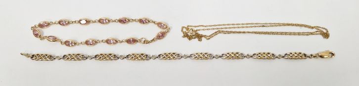 9ct gold and pink stone bracelet, a 9ct gold and white stone Celtic knot-pattern bracelet, and a