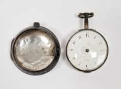 George III silver pair-cased pocket watch, the enamel dial with Arabic numerals denoting hours,