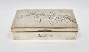 Japanese white metal cigarette box, the hinged lid with engraved prunus blossom decoration opening