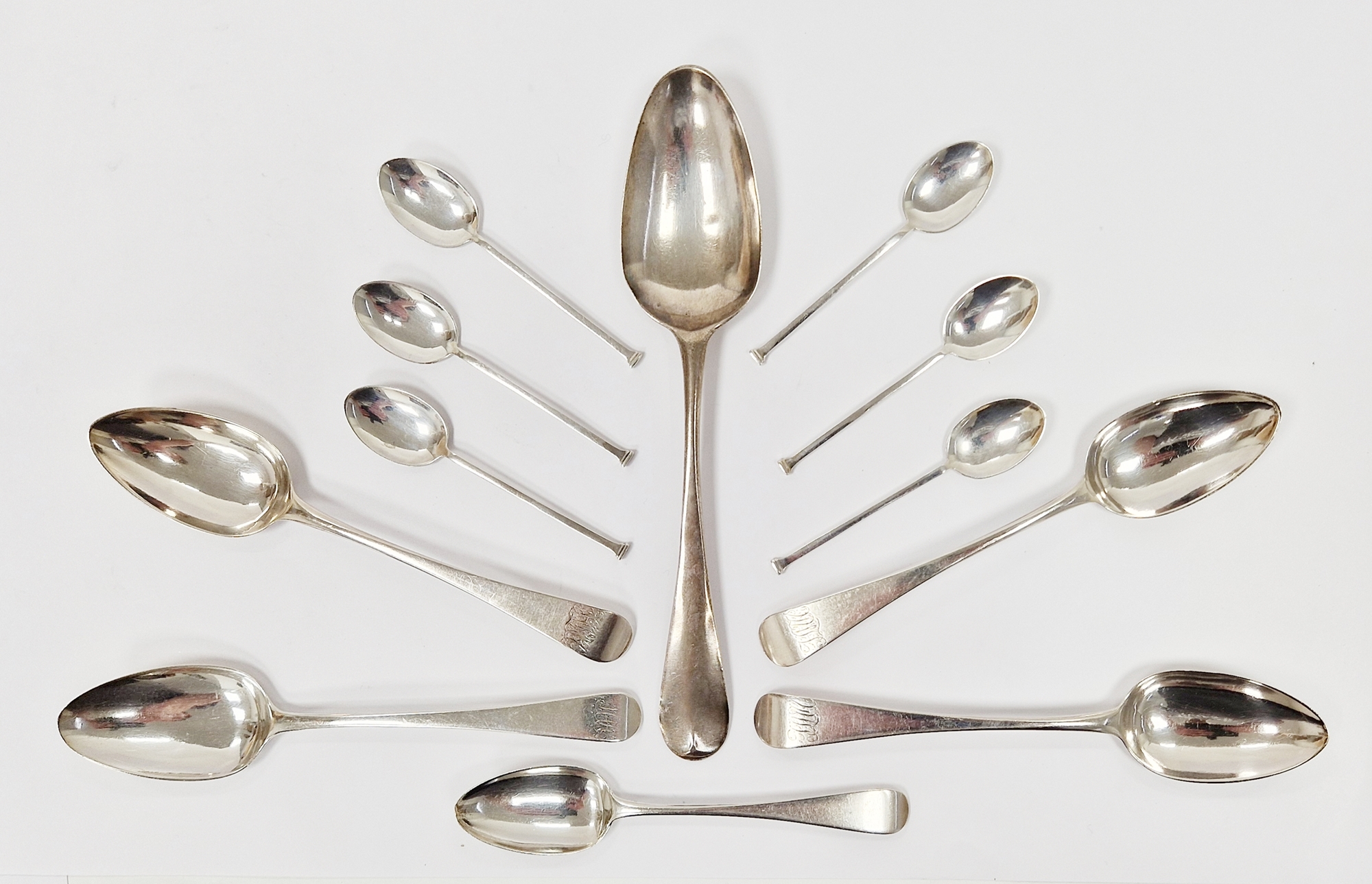 Collection of silver spoons including table spoon, London 1759, matched set of four George III