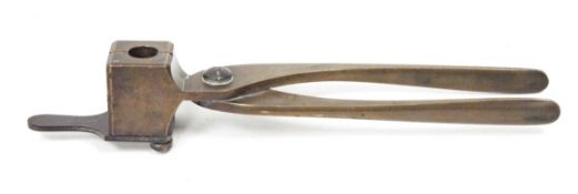 Bronze bullet mould with spruce cutter, impressed mark to side ' 5 ', 22cm long