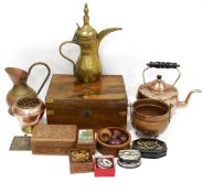 Mixed lot of wooden items, metalware and collectables including a 19th century walnut writing