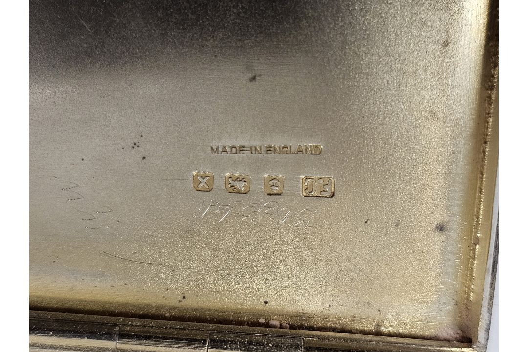 Silver compact, Birmingham 1947, maker F.G, of square form with engine turned decoration, gold- - Image 2 of 2