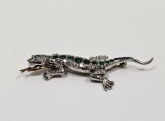 Late Victorian white metal gold-coloured metal, emerald, diamond and pearl lizard brooch, set