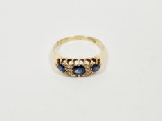 18ct gold, sapphire and diamond ring set three circular sapphires and four small diamonds, ring size