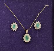9K gold, emerald and diamond suite viz:- emerald and diamond cluster pendant set centre facet-cut