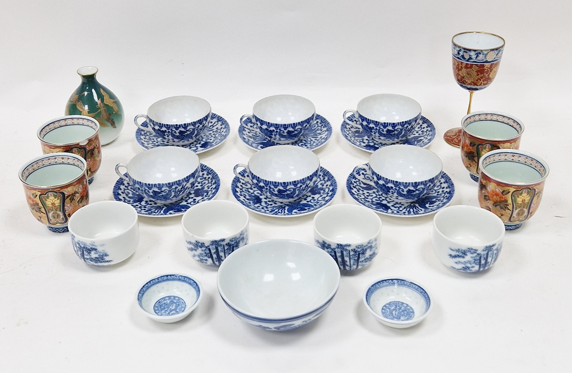 Collection of Japanese ceramics including goblet in the imari palette designed by Shibata, 15cm