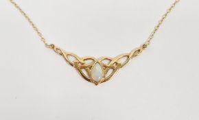 Modern 9ct gold and opal necklace, the teardrop-shaped opal in pierced plaited setting, on
