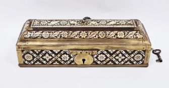 19th century Indian rosewood scribe's box or casket, brass bound with ivory inlay to the domed lid