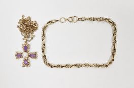 9ct gold ropetwist-pattern bracelet 4.5g and a gold, amethyst-coloured stone, pearl and small