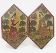 Pair of Persian painted wooden panels of hexagonal form decorated with a middle eastern courting