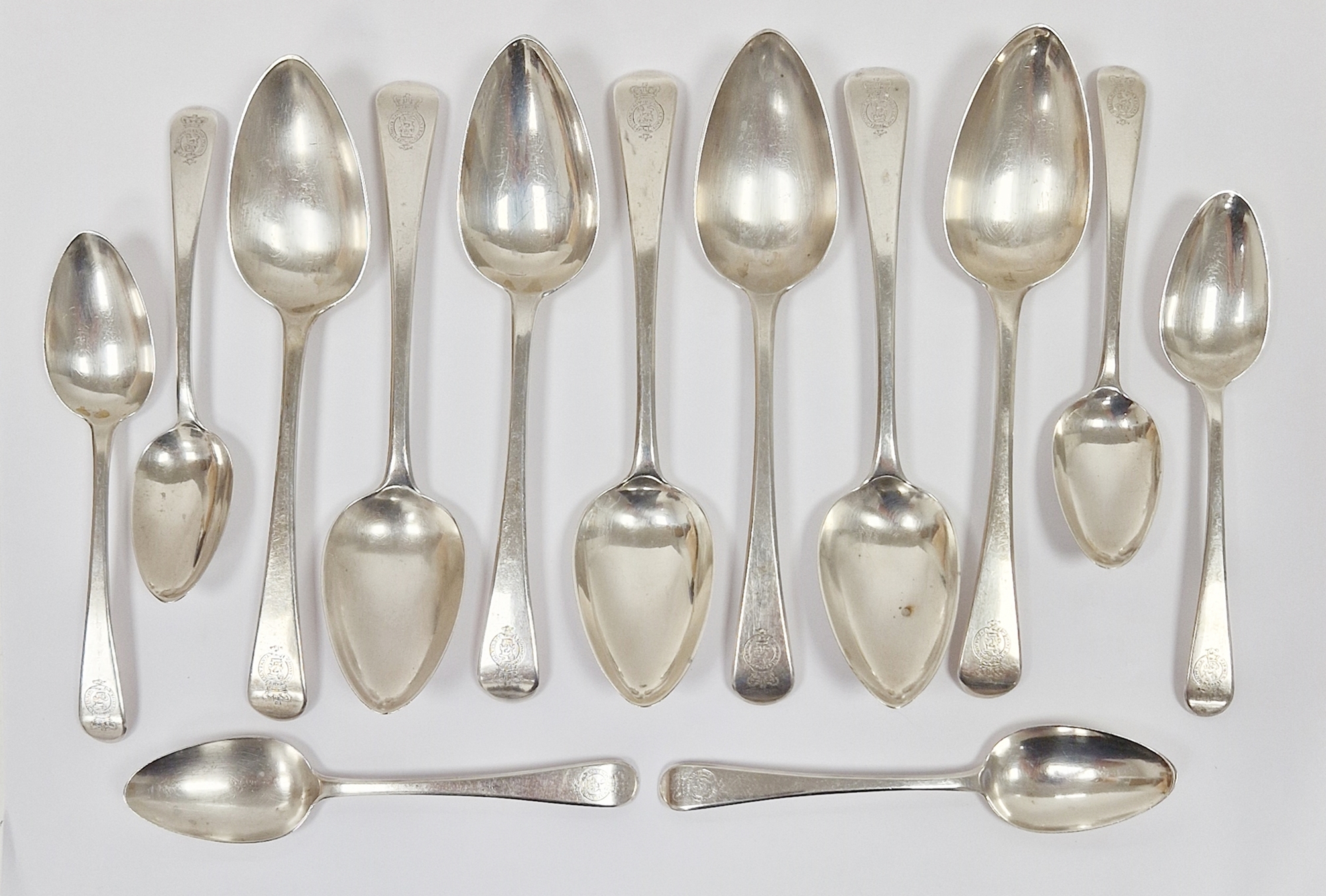 Set of seven George III silver dessert spoons, London 1803, William Eley I and William Fearn, old