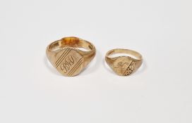9ct gold signet ring, initialled BMD, 6.2g (size I1/2) and a small 9ct gold signet ring,