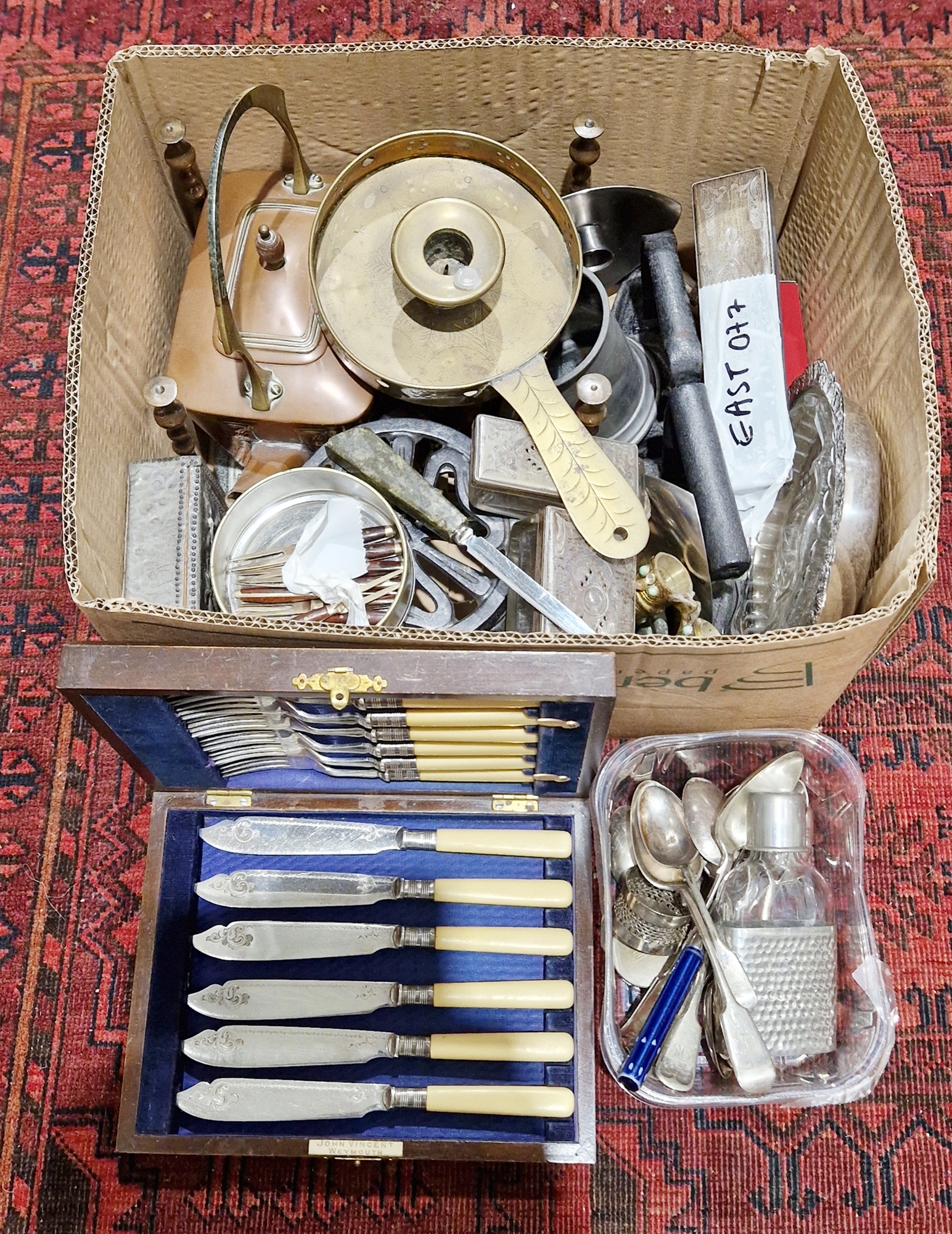 Collection of metalware including Art Nouveau WMF copper spirit kettle (lacking stand), pair of