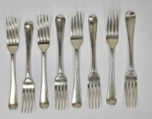 Matched set of eight George III silver forks, London dating between 1810 and1815, various makers,