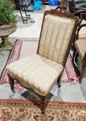 19th century rosewood framed side chair, the top rail with a scrolling carved pediment, the back and
