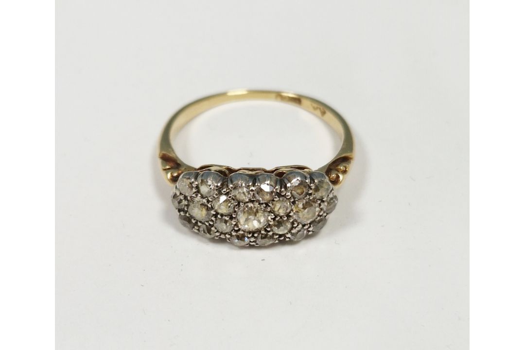 Antique gold and diamond multiple cluster ring set old cut diamonds within triple flowerhead setting - Image 2 of 9