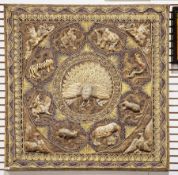 Large Burmese stump-work wall hanging embroidered in silver and gold coloured threads depicting a