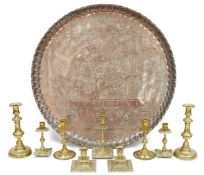 Large Egyptian copper covered metal circular tray with fluted upstanding edge and engraved