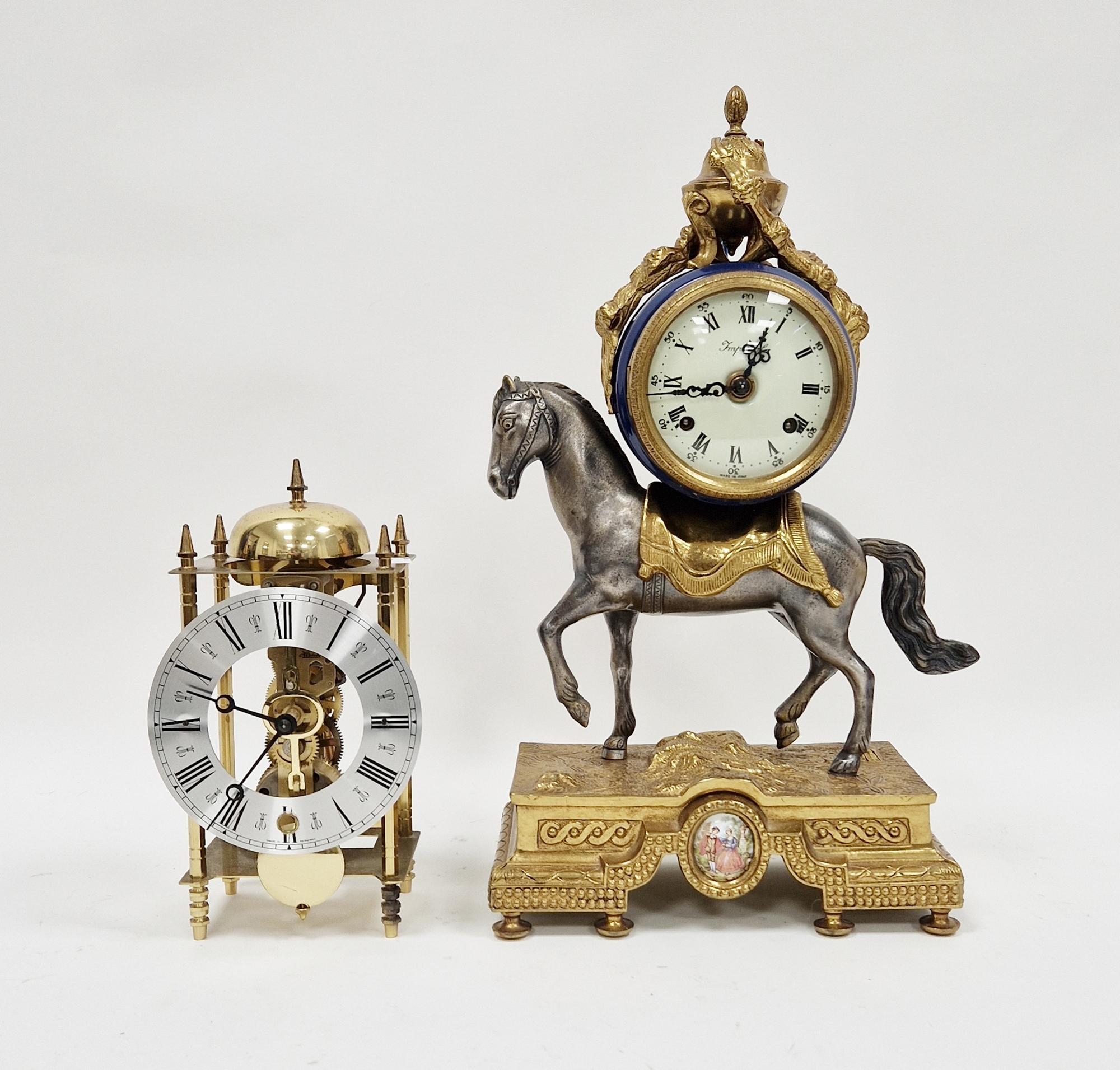 20th century French style 8-day mantel clock, the metal case in the form of a horse surmounted by