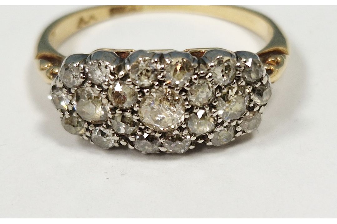 Antique gold and diamond multiple cluster ring set old cut diamonds within triple flowerhead setting - Image 8 of 9