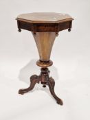 Victorian figured walnut work/sewing table of octagonal trumpet form, the hinged lid opening to a