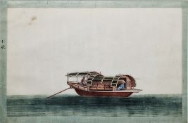 Set of three Chinese school ricepaper paintings of sailing vessels, Chinese character marks to left,