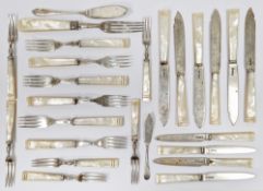 Collection of matching knives and forks, each with silver blades / tines (Sheffield 1946, 1947 &