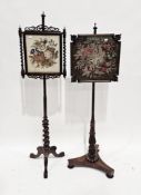 Two 19th century polescreens, the first rosewood framed with a floral needlework panel, raised on