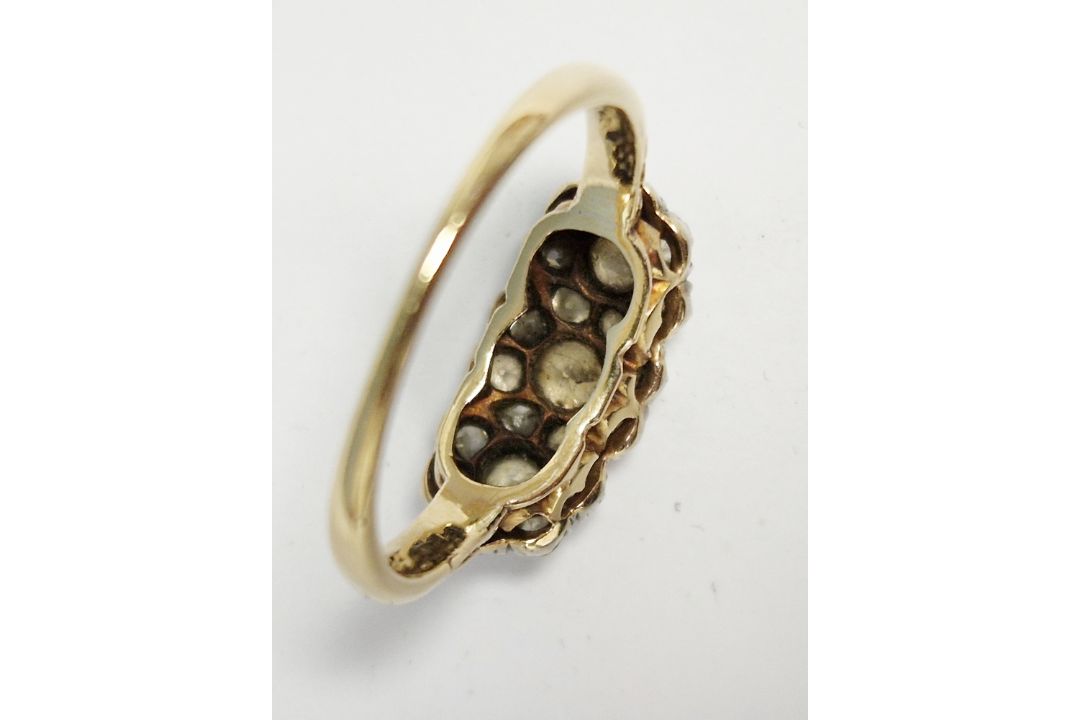 Antique gold and diamond multiple cluster ring set old cut diamonds within triple flowerhead setting - Image 9 of 9