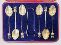 Edward VII set of six silver teaspoons and sugar nips, Chester 1902, John Millward Banks, each