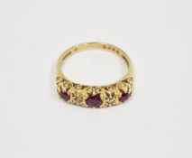 18ct yellow gold ruby and diamond five-stone ring, ring size M 1/2, 3.2 grams