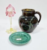 William Fishley Holland studio pottery jug, enriched in a mottled lustrous brown glaze, decorated